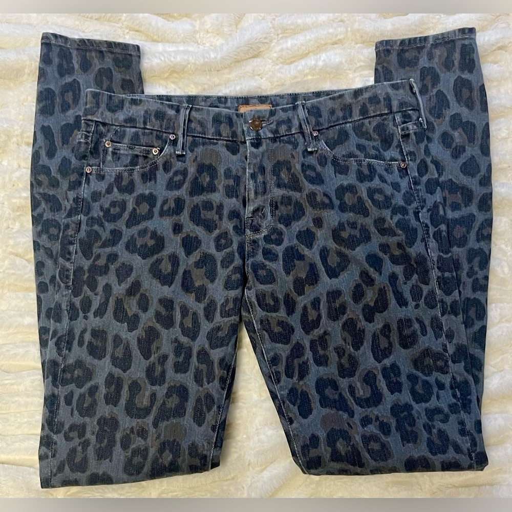 MOTHER Blue Leopard Print Straight Leg Jeans